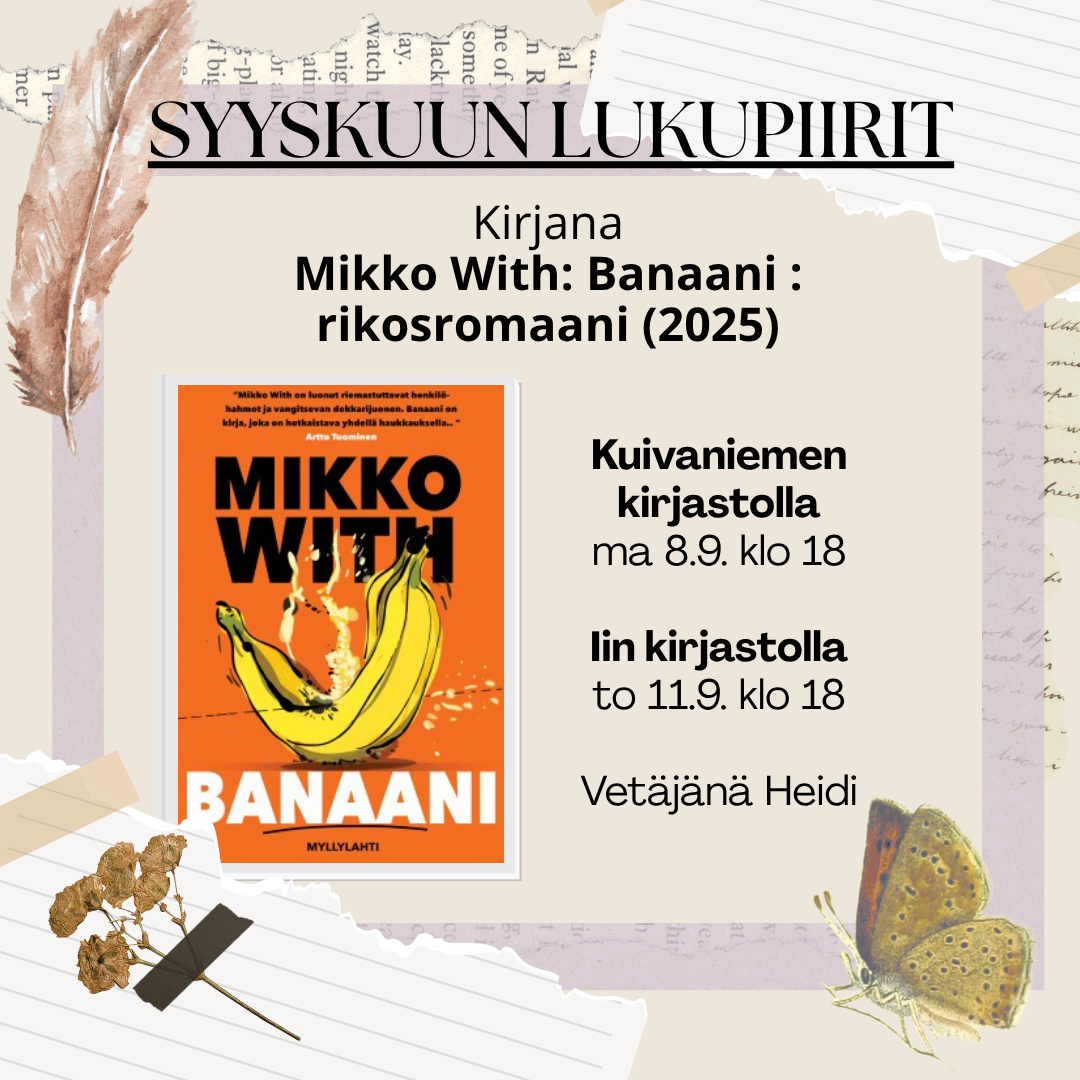 Kuva lukupiirin kirjan kannesta tyylitetyllä taustalla.