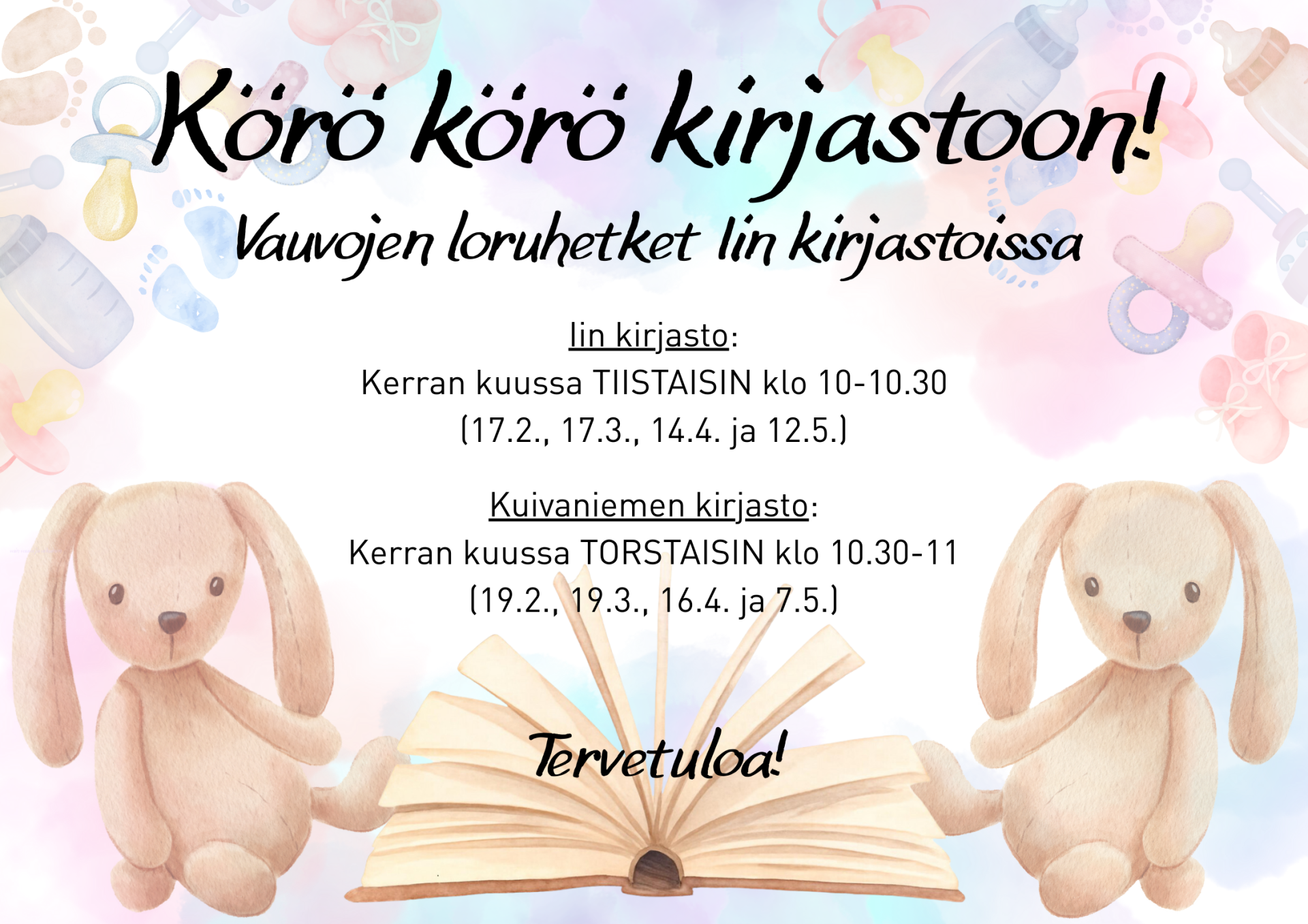 Kaksi pehmopupua ja avoinna oleva kirja sekä tapahtuman tiedot