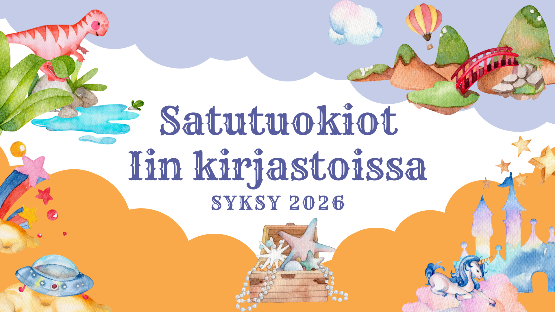 Värikkäitä satuhahmoja violetilla ja oranssilla taustalla