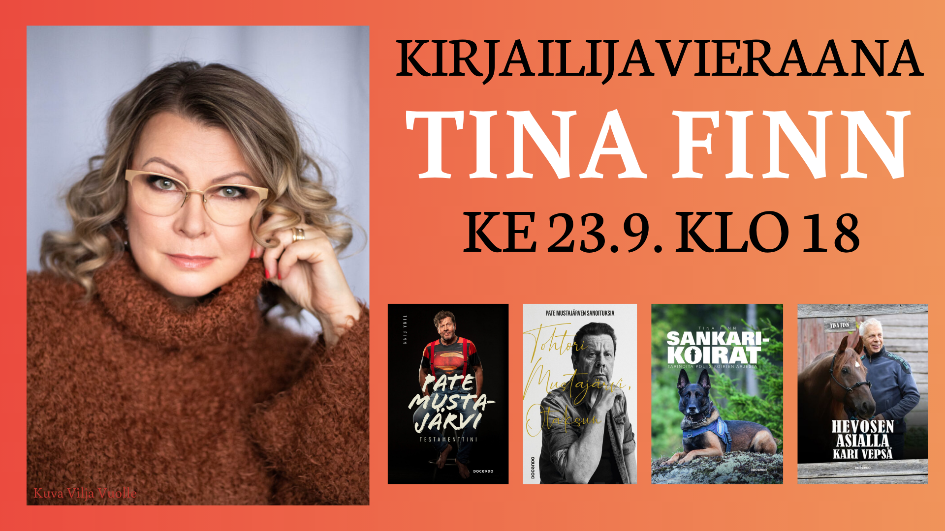 Kirjailijavieraana Tina Finn tapahtuman juliste